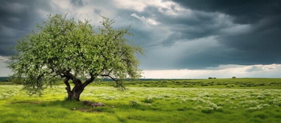 Poster - Old plums green orchard under dramatic cloudy sky Countryside landscape in springtime season. Creative banner. Copyspace image