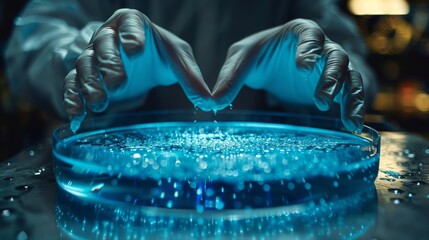 Poster - Gloved scientist carefully handling a petri dish against a blue-lit laboratory background, representing research and science