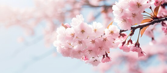Aufkleber - Sakura flowers with pink petals in spring Cherry tree blooming on a sunny day on a floral background Nature beauty environment Sakura blooming season concept. Creative banner. Copyspace image