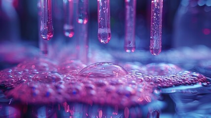 Poster - This image shows colorful laboratory test tubes with bubbling liquid and neon lights