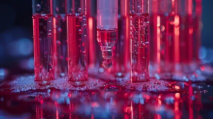 Poster - Macro shot of several test tubes filled with red liquid under a blue and red light setup highlighting scientific research