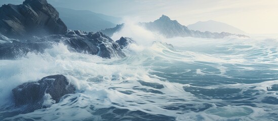 Wall Mural - waves crashing on the rocks. Creative banner. Copyspace image