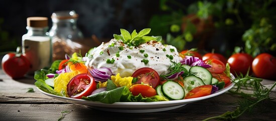 Poster - Summer salad of fresh vegetables with mayonnaise. Creative banner. Copyspace image