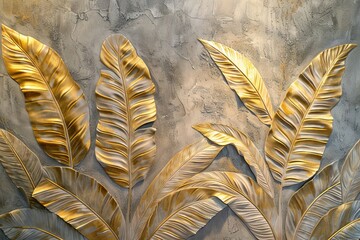 Wall Mural - Stucco molding of tropical leaves appearing to cascade down the wall, with veins and textures meticulously crafted.