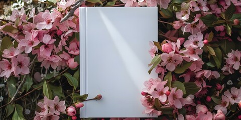 Wall Mural - White book cover mockup with pink flowers background and copy space. Concept Mockup Design, Book Cover, Pink Flowers, White Background, Copy Space