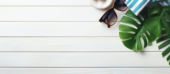 Aufkleber - Time to travel concept Camera plane sunglasses monstera leaves plane starfish and towel on white wooden table Vacation background flat lay with copy space