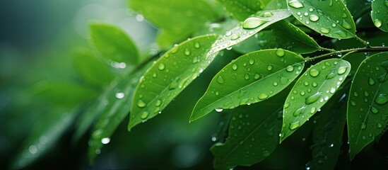 Poster - Green leaves the hosts after the rain Background of green leaves with raindrops. Creative banner. Copyspace image