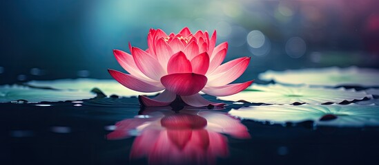 Poster - A red lotus flower in full bloom. Creative banner. Copyspace image
