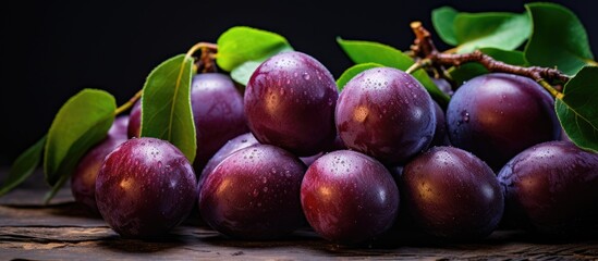 Poster - Few Ripe plum heap over background. Creative banner. Copyspace image