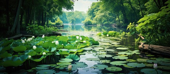 Poster - Beautiful Lotus pond. Creative banner. Copyspace image