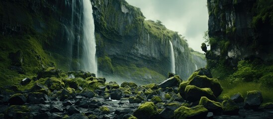 Aufkleber - landscape with waterfall. Creative banner. Copyspace image