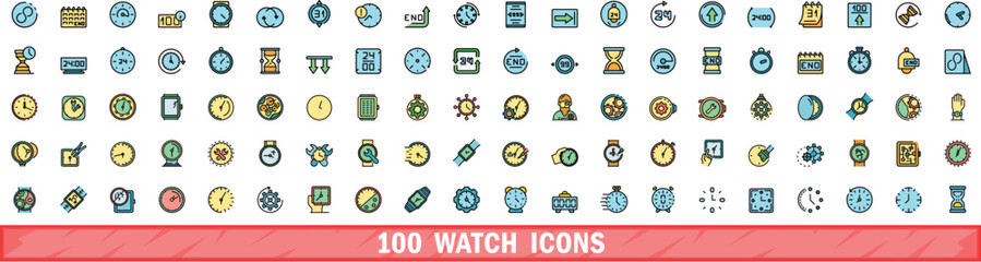 Poster - 100 watch icons set. Color line set of watch vector icons thin line color flat on white