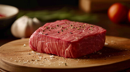 A close-up image of a raw beef steak seasoned with salt and pepper. The steak is resting on a wooden cutting board.