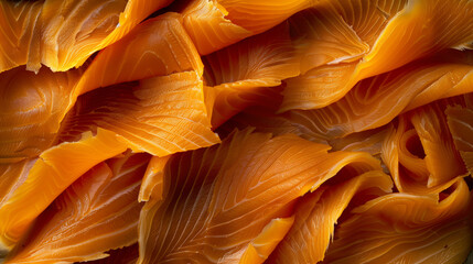 A close-up, textured image of smoked salmon slices. The slices are arranged in a swirling pattern, creating a visually appealing abstract composition.