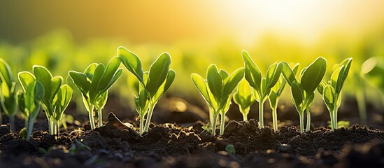 Poster - young plants growing in line on field. Creative banner. Copyspace image