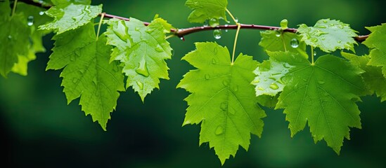 Poster - Rain drops on the leaves of wild grapes with isolated green background Green leaves of wild grapes in the summer in the forest. Creative banner. Copyspace image