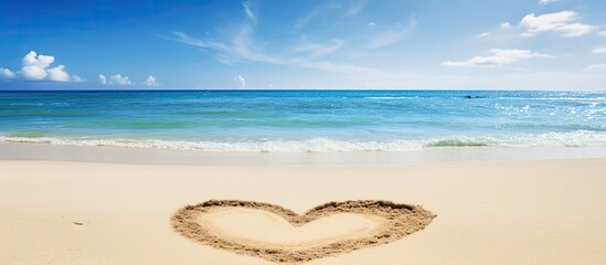 Poster - Sea view through shape of heart in the sand of tropical beach Valentines day Holiday vacation concept Creative background copy space travel summer