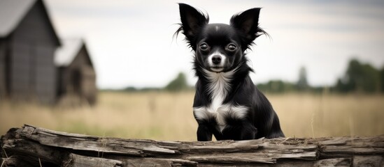 Poster - black and white chihuahua stay in the field. Creative banner. Copyspace image