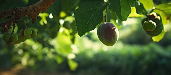 Wall Mural - An unripe fig fruit on a tree. Creative banner. Copyspace image