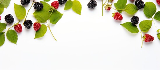 Aufkleber - blackberry and raspberry with leaves isolated on white background Top view Flat lay pattern. Creative banner. Copyspace image