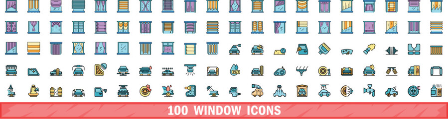 Poster - 100 window icons set. color line set of window vector icons thin line color flat on white