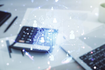 Poster - Virtual social network hologram and world map on calculator and laptop background. Multiexposure