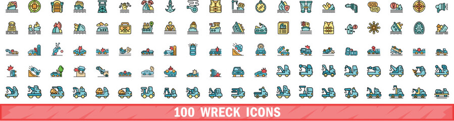Poster - 100 wreck icons set. Color line set of wreck vector icons thin line color flat on white