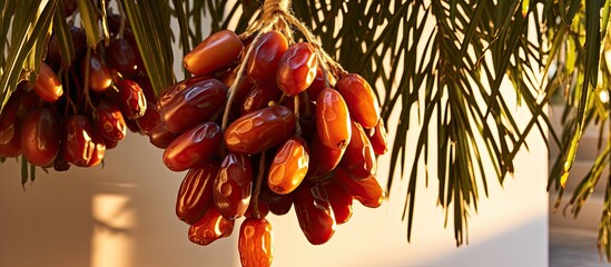 Sticker - The juicy fruits of the date growing on the date palm. Creative banner. Copyspace image