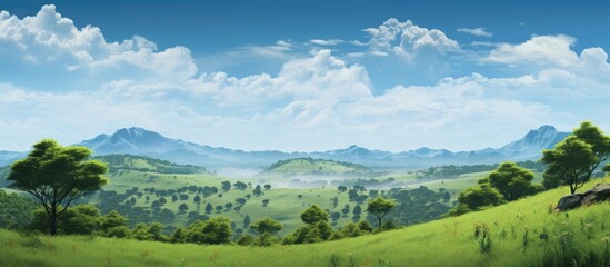 Poster - hilly landscape filled with beautiful green trees. Creative banner. Copyspace image
