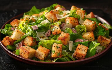 A fresh and delicious salad with crisp lettuce, juicy tomatoes, and crunchy croutons, topped with a tangy Caesar dressing.
