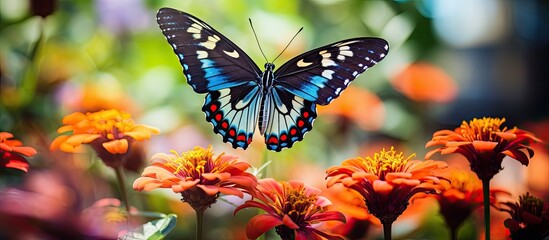 Poster - Beautiful butterfly and flowers in the garden. Creative banner. Copyspace image