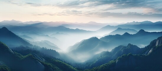 Poster - it will be early in the morning in the mountains at sunrise with fog. Creative banner. Copyspace image