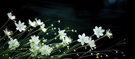 Poster - White grass flowers in green pastures black background shallow focus effect. Creative banner. Copyspace image