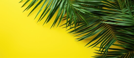 Poster - Flat lay of green palm branches over yellow background top view copy space wide composition Summer vacation travel or fashion concept