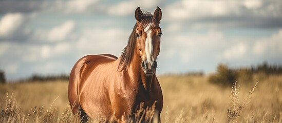 Wall Mural - brown horse white face grazing open pasture looking at viewer. Creative banner. Copyspace image