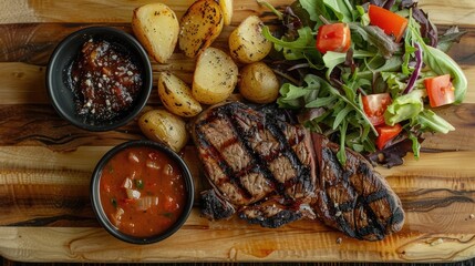 Canvas Print - View of grilled steak with potatoes and salad on wooden table