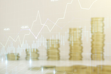 Poster - Double exposure of abstract creative financial chart hologram on growing stacks of coins background, research and strategy concept