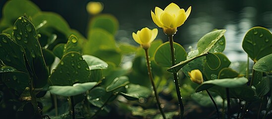 Poster - Nymphoides indica Small lotus in lotus leaves round shape thick green in color yellow flowers Is a small water tumbler The trunk is a bouquet of flowers with petals Full bloom. Creative banner