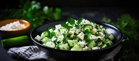 Wall Mural - Homemade Cucumber Shepards Salad with Feta and Parsley. Creative banner. Copyspace image