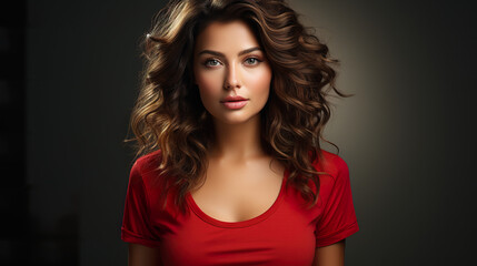 A frontal view Beautiful young woman with a red t-shirt, isolated on a background