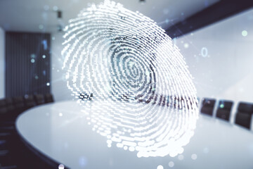 Aufkleber - Multi exposure of virtual abstract fingerprint illustration on a modern conference room background, digital access concept