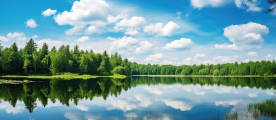 Poster - Clouds reflects on the surface of forest lake landscape. Creative banner. Copyspace image