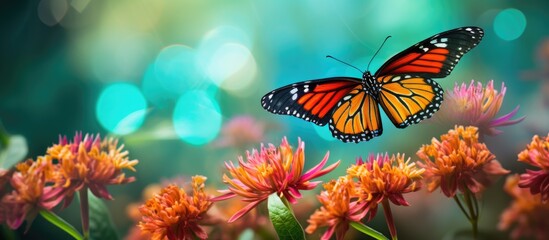 Poster - wild butterfly is on flower. Creative banner. Copyspace image