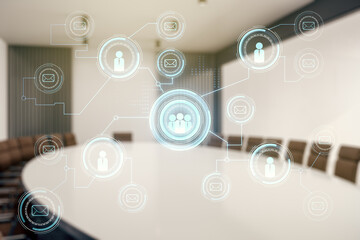 Poster - Abstract virtual social network hologram on a modern coworking room background. Double exposure