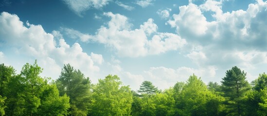 view of the sky to the tops of the trees in the forest. creative banner. copyspace image