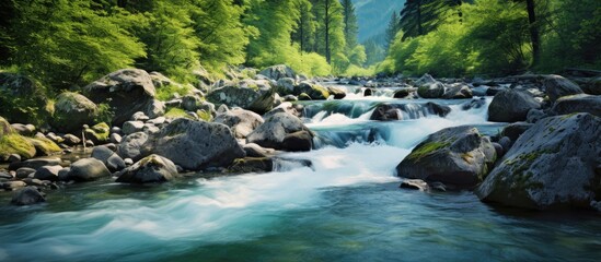 Poster - rapid stream with clear mountain water. Creative banner. Copyspace image