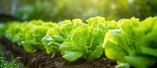 Poster - Green lettuce in the garden in summer. Creative banner. Copyspace image