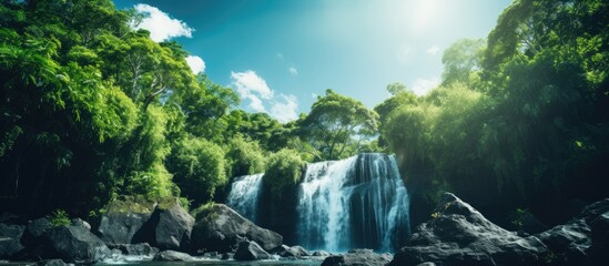 Poster - Waterfall surrounded by many trees and a blue sky. Creative banner. Copyspace image