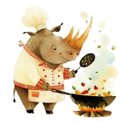 A watercolor illustration of a rhinoceros wearing a chef's hat and apron, cooking in a wok over a campfire. The rhino is stirring the food with a large wooden spoon.