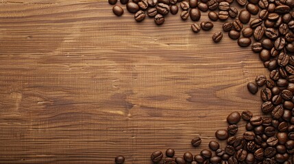 Canvas Print - Roasted coffee beans displayed on a wooden surface with space for text seen from above